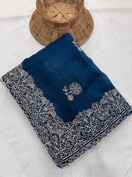 Dapper Blue Soft Fendy Chiffon Silk Saree with Swarovski Embroidery for Wedding Wear Embroidery Sarees Wholesale