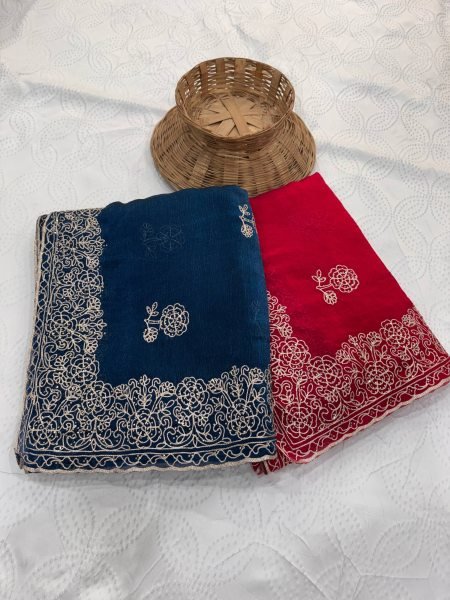 Dapper Blue Soft Fendy Chiffon Silk Saree with Swarovski Embroidery for Wedding Wear Embroidery Sarees Wholesale