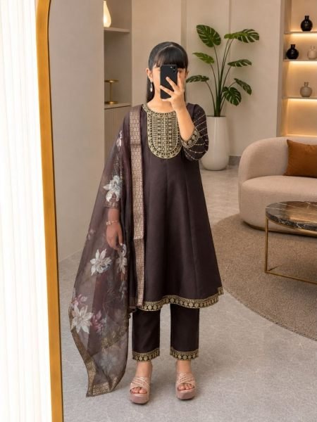 Dapper Brown Festive Girls Anarkali Suit Set with Embroidered Neck Yoke for Diwali 