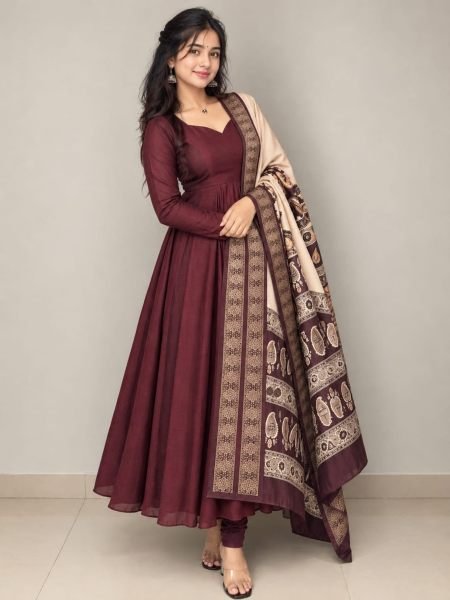 Dapper Coffee Blooming Vichithra Silk Anarkali with Kalamkari Mayura Silk Dupatta 