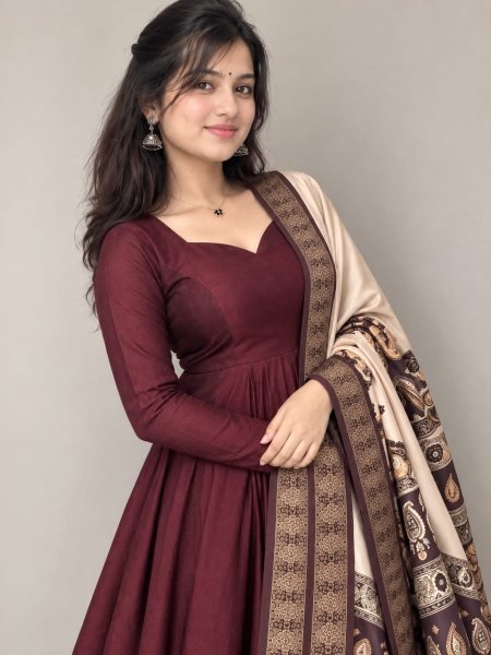 Dapper Coffee Blooming Vichithra Silk Anarkali with Kalamkari Mayura Silk Dupatta Anarkali Kurtis 