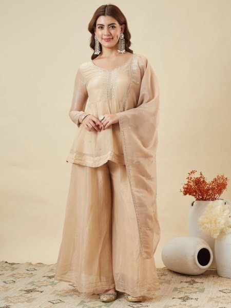 Dapper Cream Gota Patti Sharara Set with Heavy Embroidery Dupatta at Wholesale Rate Ready To Wear Collection