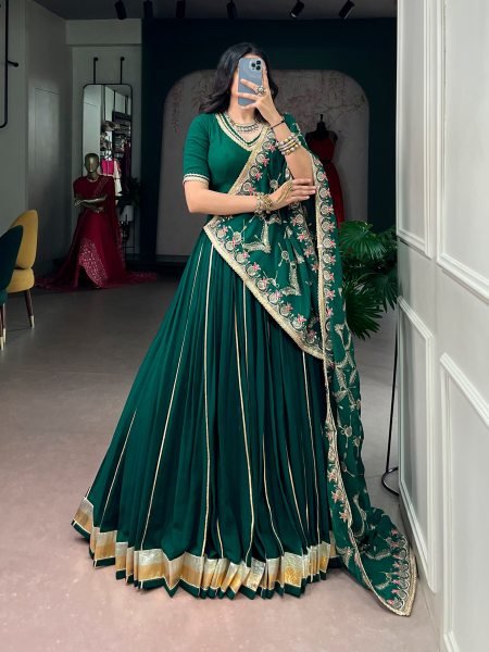 Dapper Dark Green Georgette Lehenga Choli with Embossed Lace Detailing for Navratri  Navratri Lehnega Choli