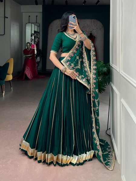 Dapper Dark Green Georgette Lehenga Choli with Embossed Lace Detailing for Navratri  Navratri Lehnega Choli