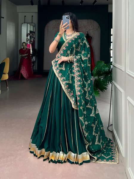 Dapper Dark Green Georgette Lehenga Choli with Embossed Lace Detailing for Navratri  Navratri Lehnega Choli