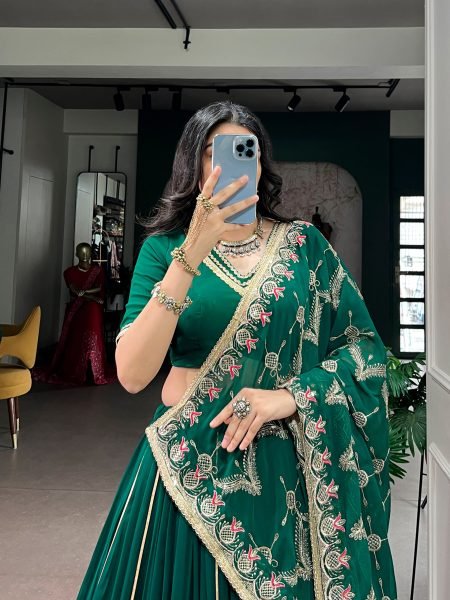 Dapper Dark Green Georgette Lehenga Choli with Embossed Lace Detailing for Navratri  Navratri Lehnega Choli