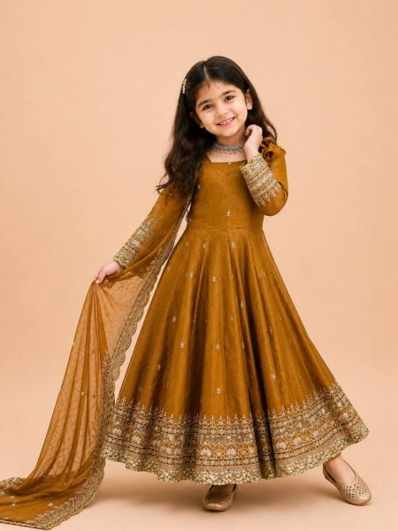 Dapper Dark Yellow Girls Fendy Silk Anarkali Gown with Embroidered Dupatta and Bottom 