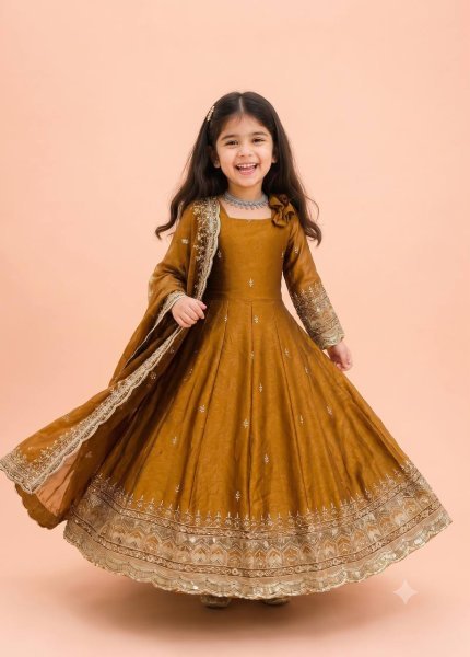 Dapper Dark Yellow Girls Fendy Silk Anarkali Gown with Embroidered Dupatta and Bottom Girls Wear