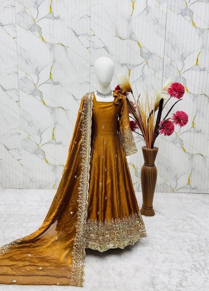Dapper Dark Yellow Girls Fendy Silk Anarkali Gown with Embroidered Dupatta and Bottom Girls Wear