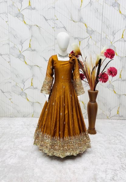 Dapper Dark Yellow Girls Fendy Silk Anarkali Gown with Embroidered Dupatta and Bottom Girls Wear