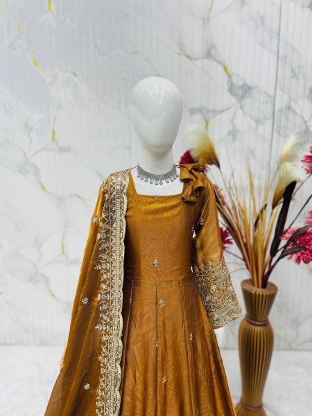 Dapper Dark Yellow Girls Fendy Silk Anarkali Gown with Embroidered Dupatta and Bottom Girls Wear