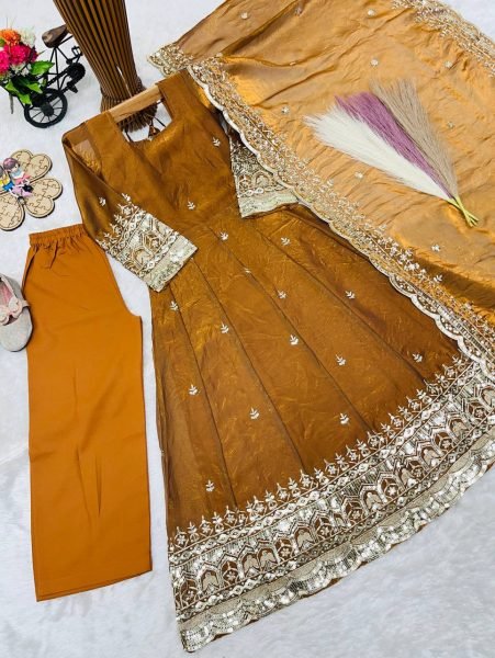 Dapper Dark Yellow Girls Fendy Silk Anarkali Gown with Embroidered Dupatta and Bottom Girls Wear