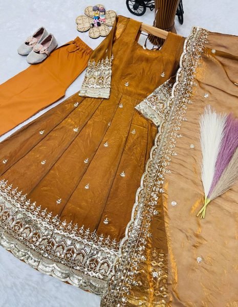 Dapper Dark Yellow Girls Fendy Silk Anarkali Gown with Embroidered Dupatta and Bottom Girls Wear
