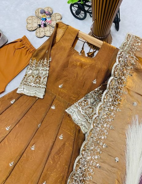 Dapper Dark Yellow Girls Fendy Silk Anarkali Gown with Embroidered Dupatta and Bottom Girls Wear