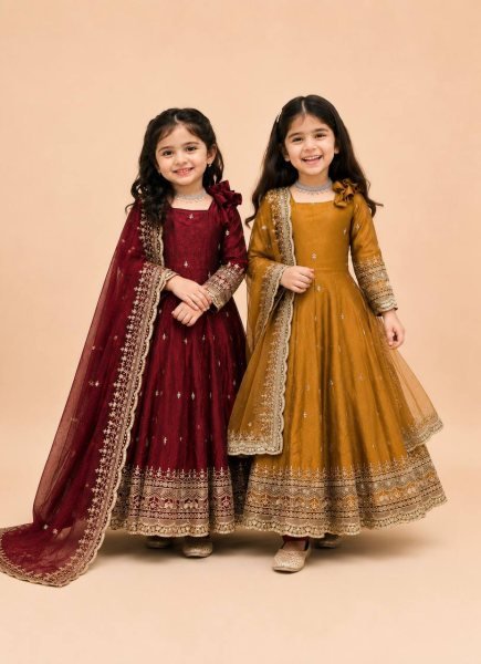 Dapper Dark Yellow Girls Fendy Silk Anarkali Gown with Embroidered Dupatta and Bottom Girls Wear