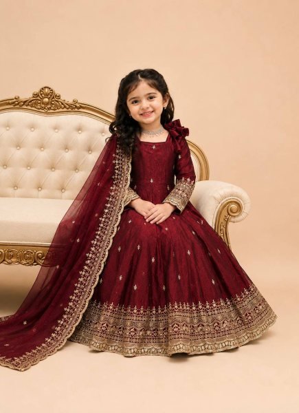 Dapper Dark Yellow Girls Fendy Silk Anarkali Gown with Embroidered Dupatta and Bottom Girls Wear