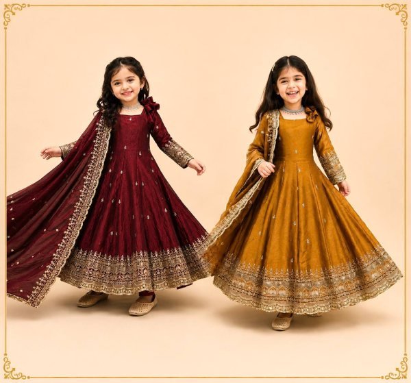 Dapper Dark Yellow Girls Fendy Silk Anarkali Gown with Embroidered Dupatta and Bottom Girls Wear