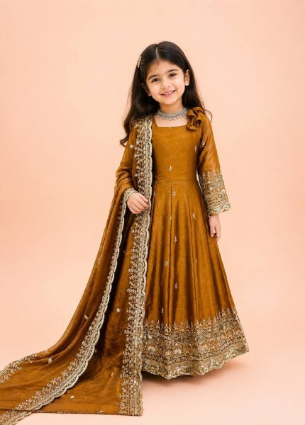 Dapper Dark Yellow Girls Fendy Silk Anarkali Gown with Embroidered Dupatta and Bottom Girls Wear
