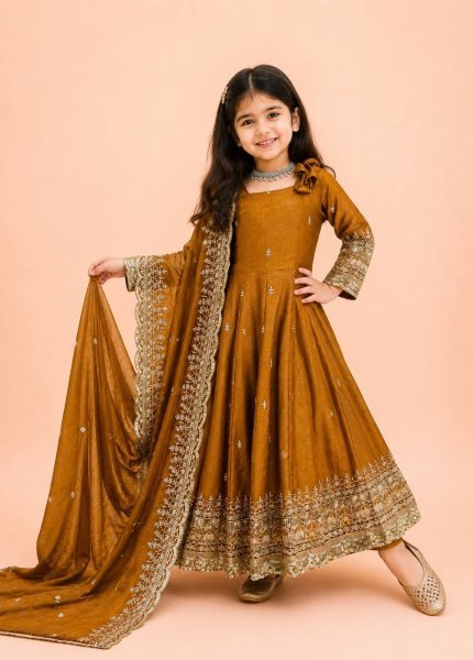 Dapper Dark Yellow Girls Fendy Silk Anarkali Gown with Embroidered Dupatta and Bottom Girls Wear