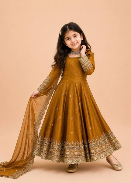 Dapper Dark Yellow Girls Fendy Silk Anarkali Gown with Embroidered Dupatta and Bottom Girls Wear