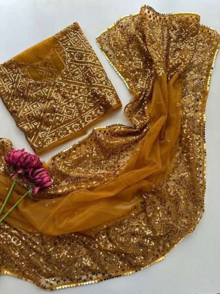 Dapper Golden Butterfly Net Saree with 5mm Sequins and Multi Embroidery Work Bollywood Fancy Sarees Wholesale