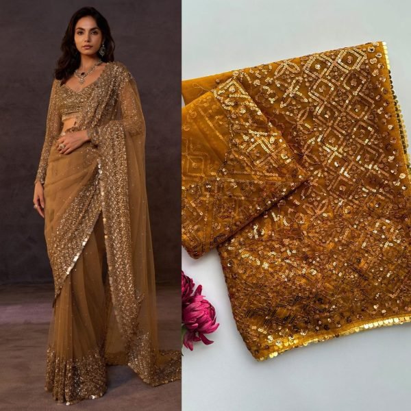 Dapper Golden Butterfly Net Saree with 5mm Sequins and Multi Embroidery Work Bollywood Fancy Sarees Wholesale