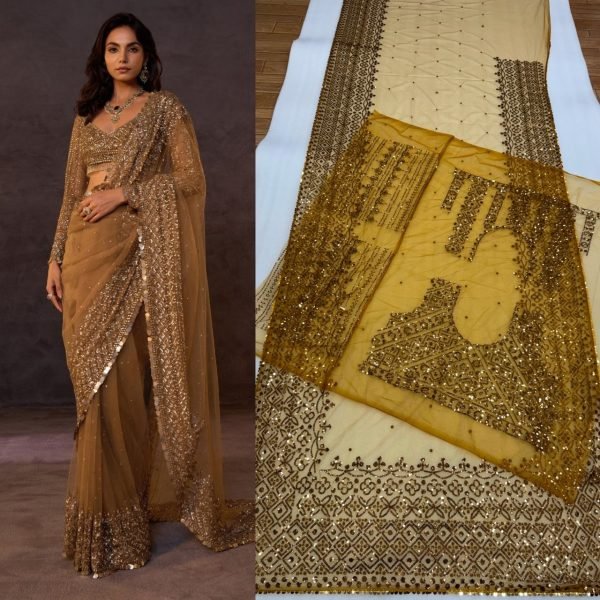 Dapper Golden Butterfly Net Saree with 5mm Sequins and Multi Embroidery Work Bollywood Fancy Sarees Wholesale
