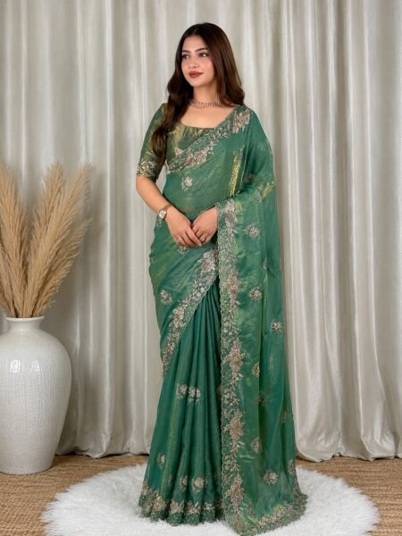 Dapper Green Heavy Sequence Saree With Matching Blouse At Wholesale Rate Sarees 