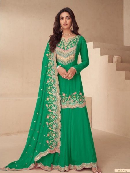 Dapper Green Real Chinon Embroidered Palazzo Suit Set for Wedding Wear  Salwar Kameez