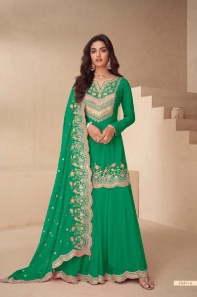 Dapper Green Real Chinon Embroidered Palazzo Suit Set for Wedding Wear  Designer Plazzo Salwar Suits Wholesale