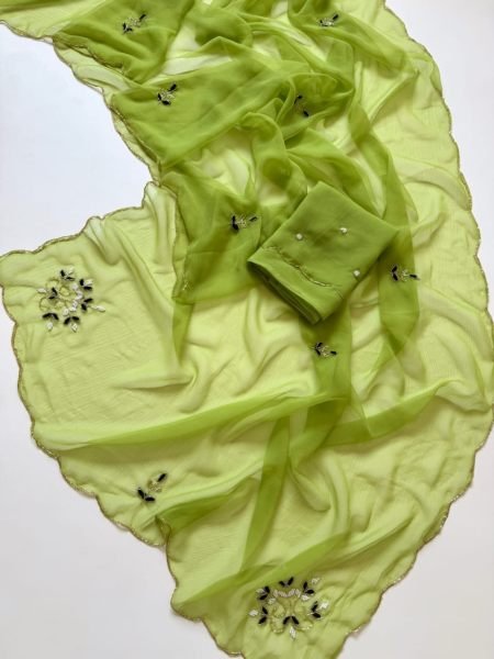 Dapper Green Siffon Handwork Saree with Matching Blouse For Party Wear Sarees 