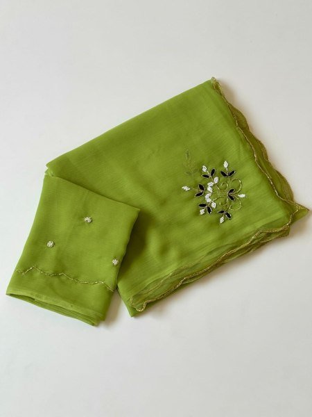 Dapper Green Siffon Handwork Saree with Matching Blouse For Party Wear Pure Chiffon Sarees Wholesale