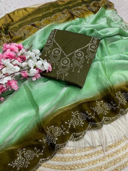 Dapper Green Space Silk Saree with Jarkhan and Swarovski Embellishment at Wholesale Rate 