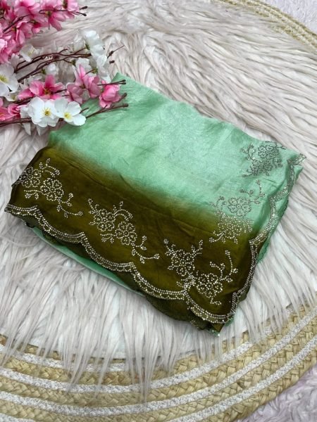 Dapper Green Space Silk Saree with Jarkhan and Swarovski Embellishment at Wholesale Rate Silk Sarees Wholesale