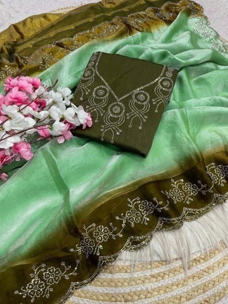 Dapper Green Space Silk Saree with Jarkhan and Swarovski Embellishment at Wholesale Rate Silk Sarees Wholesale