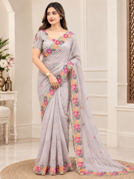 Dapper Grey Coral Chiffon Embroidered Saree with Matching Blouse at Wholesale Rate Sarees 