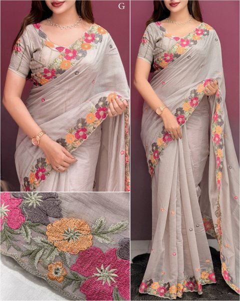 Dapper Grey Coral Chiffon Embroidered Saree with Matching Blouse at Wholesale Rate Pure Chiffon Sarees Wholesale