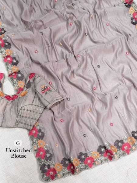 Dapper Grey Coral Chiffon Embroidered Saree with Matching Blouse at Wholesale Rate Pure Chiffon Sarees Wholesale
