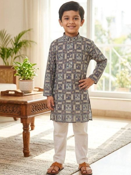 Dapper Grey Designer Kids Kurta with Rayon Cotton Pyjama at Bulk Rate Mens Wear
