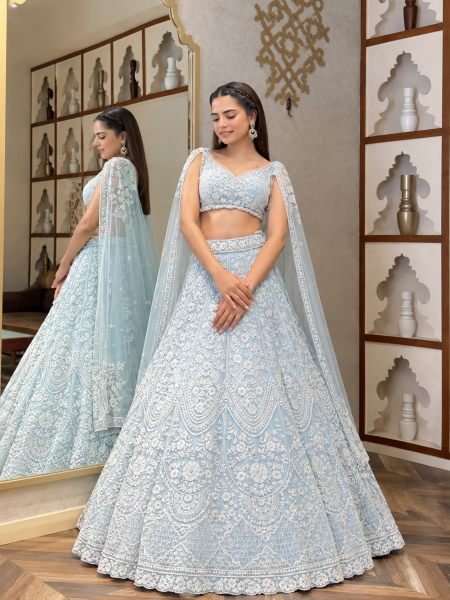 Dapper Grey Net Lehenga Choli with Embroidered Blouse and Matching Dupatta 