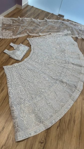Dapper Grey Net Lehenga Choli with Embroidered Blouse and Matching Dupatta Designer Lehenga Choli