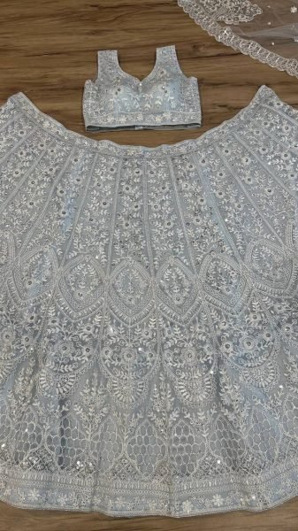 Dapper Grey Net Lehenga Choli with Embroidered Blouse and Matching Dupatta Designer Lehenga Choli