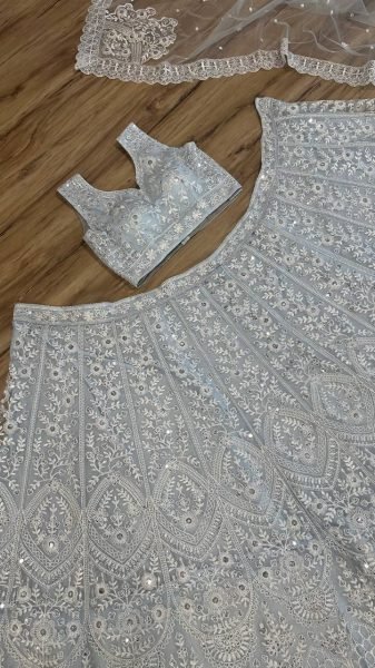 Dapper Grey Net Lehenga Choli with Embroidered Blouse and Matching Dupatta Designer Lehenga Choli