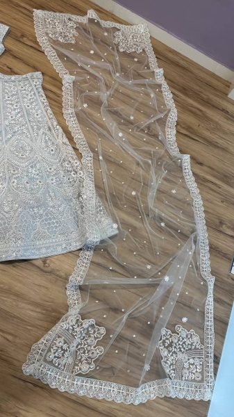 Dapper Grey Net Lehenga Choli with Embroidered Blouse and Matching Dupatta Designer Lehenga Choli