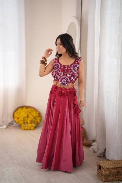 Dapper Hot Pink Heavy Rayon Lehenga Choli with Real Mirror and Thread Work at Wholesale Rate Navratri Lehnega Choli