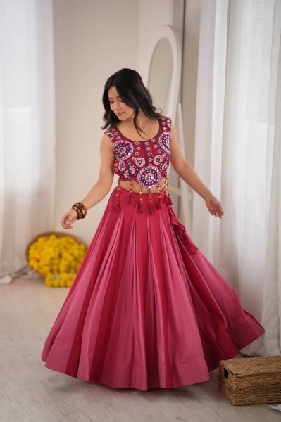 Dapper Hot Pink Heavy Rayon Lehenga Choli with Real Mirror and Thread Work at Wholesale Rate Navratri Lehnega Choli