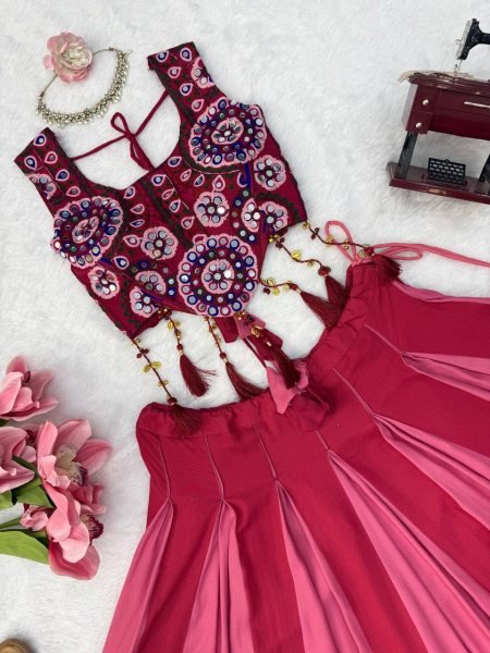 Dapper Hot Pink Heavy Rayon Lehenga Choli with Real Mirror and Thread Work at Wholesale Rate Navratri Lehnega Choli