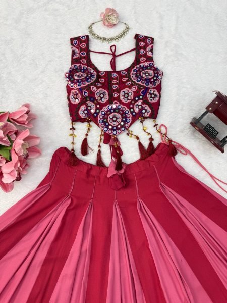 Dapper Hot Pink Heavy Rayon Lehenga Choli with Real Mirror and Thread Work at Wholesale Rate Navratri Lehnega Choli