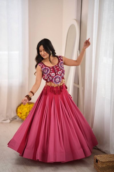 Dapper Hot Pink Heavy Rayon Lehenga Choli with Real Mirror and Thread Work at Wholesale Rate Navratri Lehnega Choli