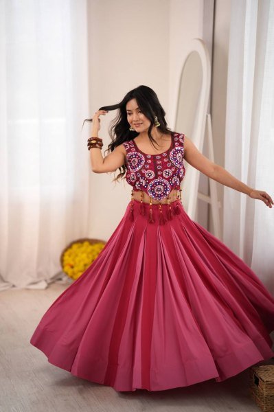 Dapper Hot Pink Heavy Rayon Lehenga Choli with Real Mirror and Thread Work at Wholesale Rate Navratri Lehnega Choli